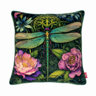 Deep green scatter cushion with an iridescent turquoise dragonfly and blush pink peony blooms