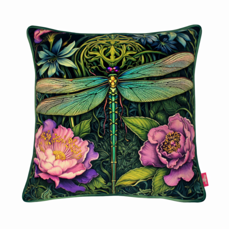 Deep green scatter cushion with an iridescent turquoise dragonfly and blush pink peony blooms