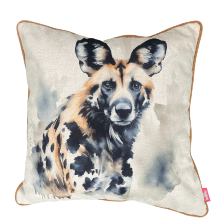 Square scatter cushion featuring a watercolor illustration of an African wild dog with rust-toned piping