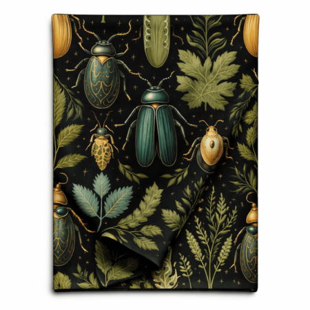 Black table runner with beetle and botanical print design.