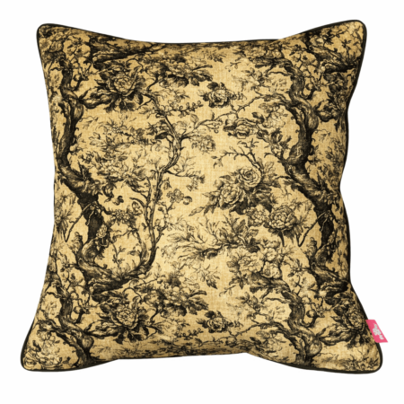 Gold and black floral toile scatter cushion with intricate branch and rose pattern