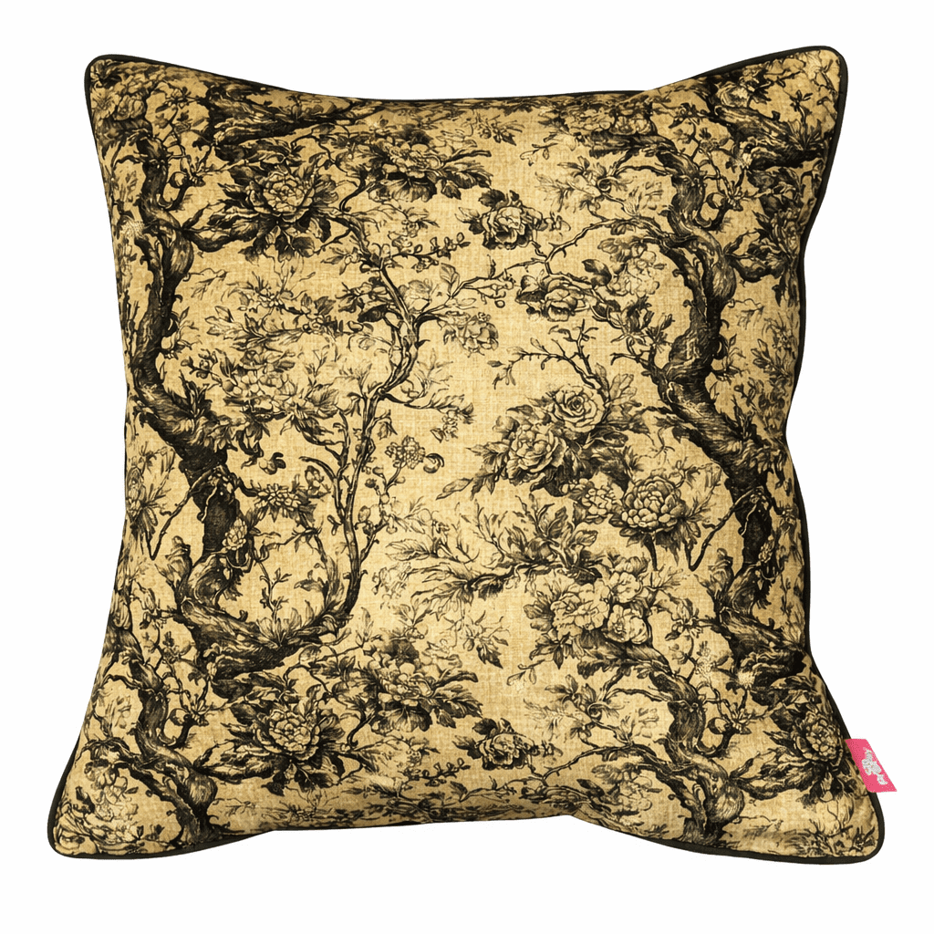 Gold and black floral toile scatter cushion with intricate branch and rose pattern