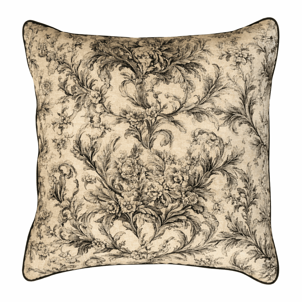 Cream and black floral toile scatter cushion with intricate botanical damask pattern