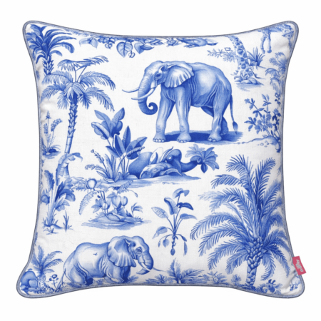Blue and white chinoiserie-style scatter cushion featuring elephants among palm trees and botanical illustrations