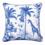 Blue and white chinoiserie-style scatter cushion featuring a giraffe among palm trees and botanical illustrations