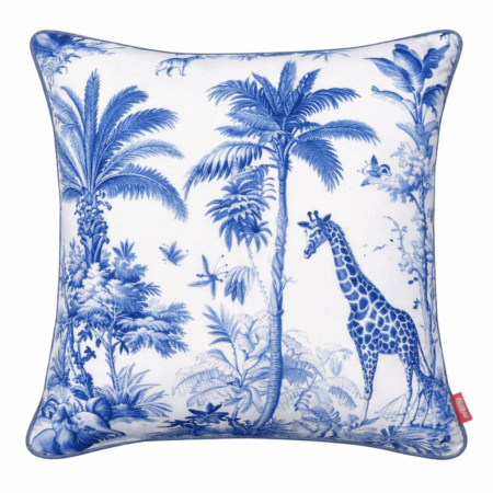 Blue and white chinoiserie-style scatter cushion featuring a giraffe among palm trees and botanical illustrations