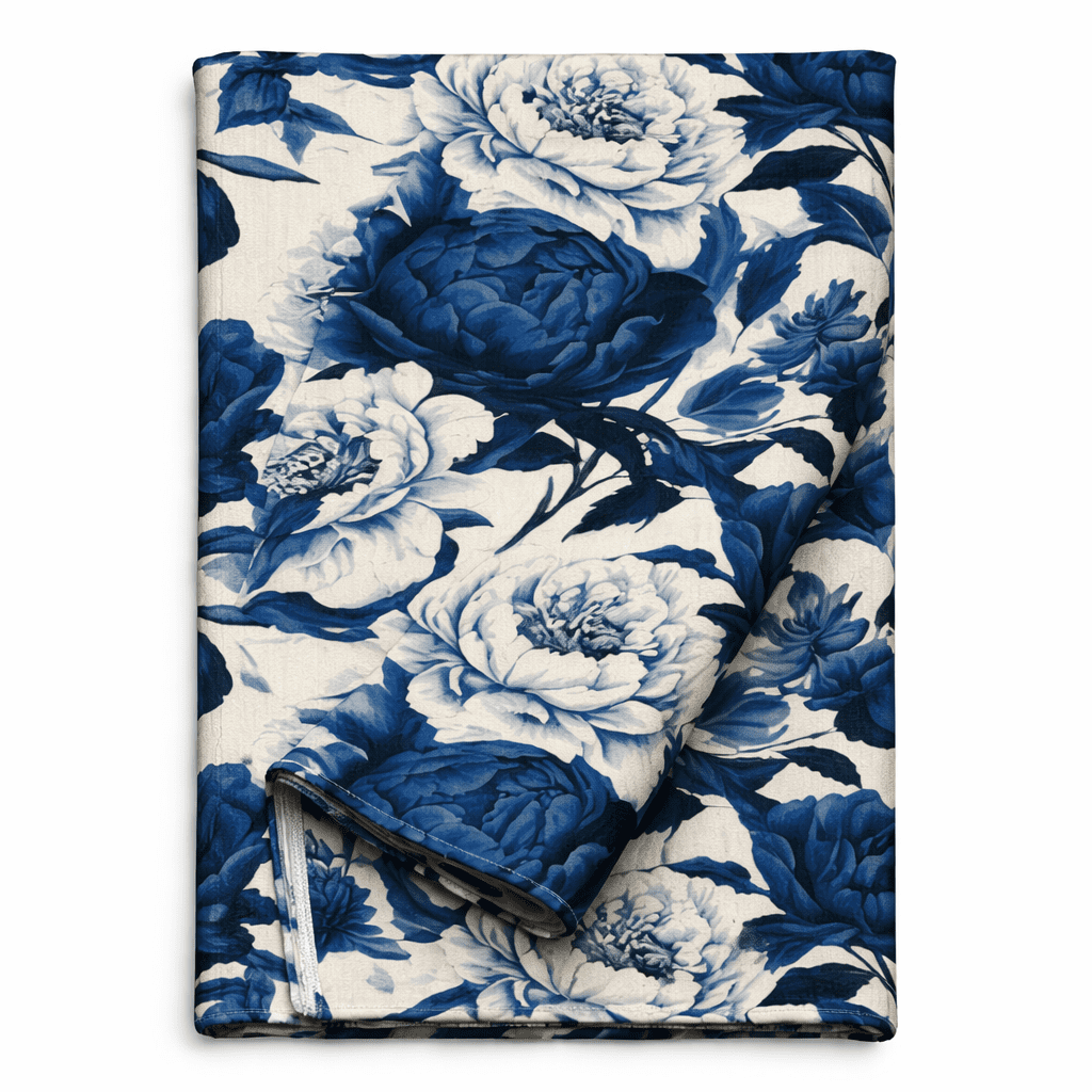 Blue peonies table runner with an elegant floral design.