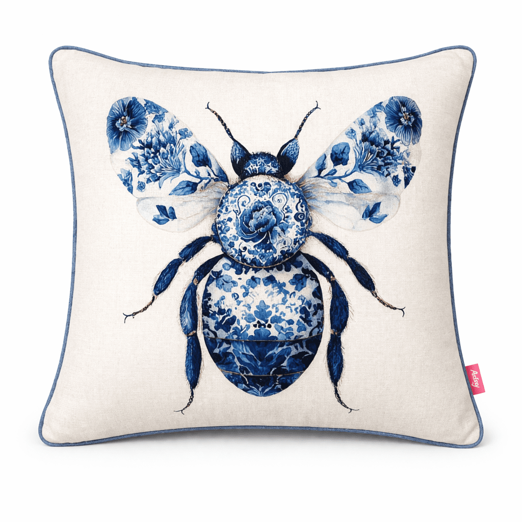 Ivory scatter cushion featuring a large blue porcelain-style bee illustration with floral wing patterns