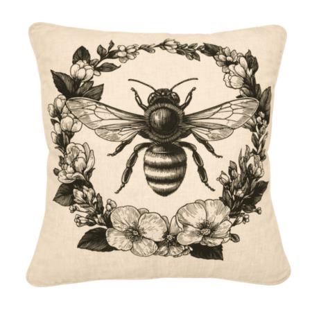 Square scatter cushion featuring a vintage-style bee illustration framed by a botanical floral wreath on cream fabric
