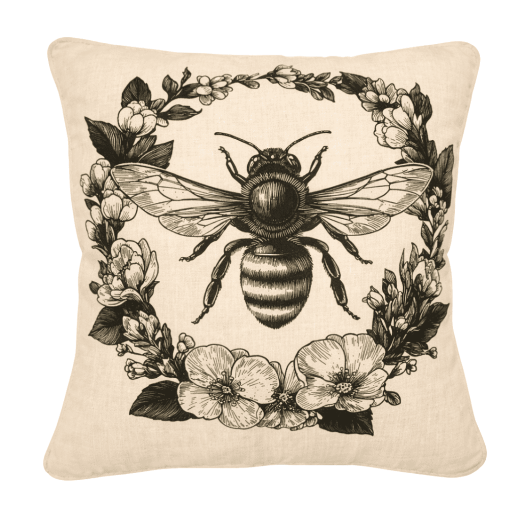 Square scatter cushion featuring a vintage-style bee illustration framed by a botanical floral wreath on cream fabric