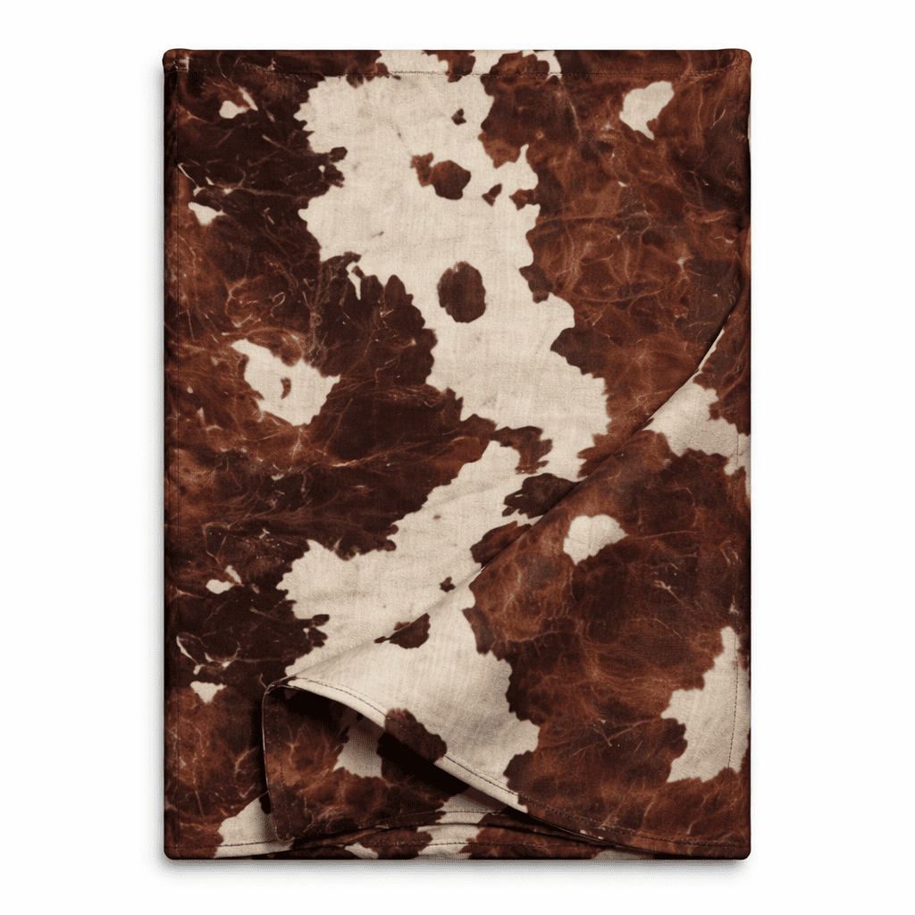 Cowhide print table runner in deep brown and ivory tones, folded to show fabric texture