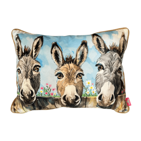 Rectangular scatter cushion featuring three watercolor illustrated donkeys peeking over a fence with wildflowers
