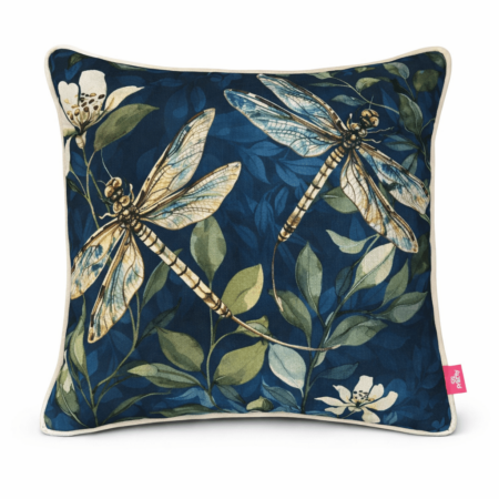 Navy scatter cushion with detailed dragonfly and botanical leaf print, finished with ivory piping