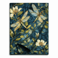Navy blue table runner with watercolor dragonfly and botanical print, folded to show fabric texture