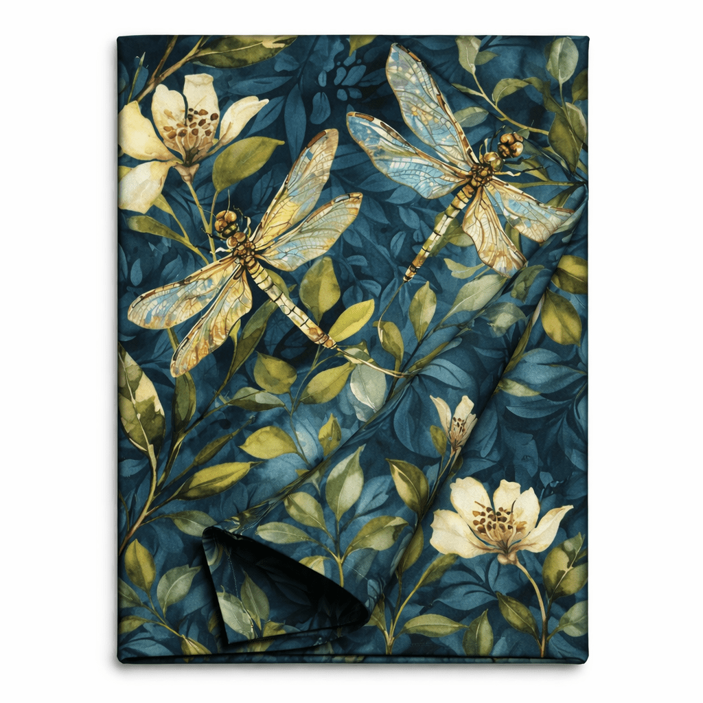 Navy blue table runner with watercolor dragonfly and botanical print, folded to show fabric texture
