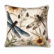Cream scatter cushion with detailed dragonfly and wildflower print in earthy blue and brown tones
