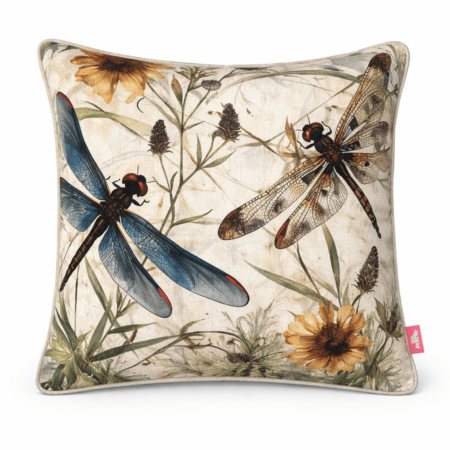 Cream scatter cushion with detailed dragonfly and wildflower print in earthy blue and brown tones