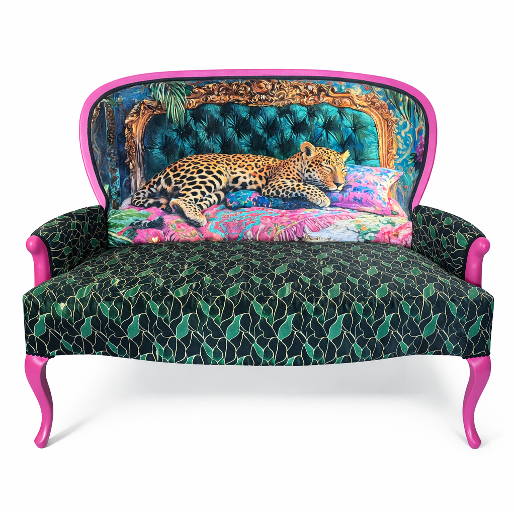 Upcycled settee with teal tufted leopard print backrest, green leaf print seat, and pink legs.