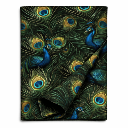 Folded table runner with peacock feather and bird print design.