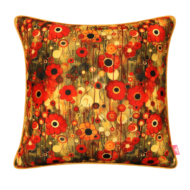 Bold scatter cushion with layered red and golden-yellow poppy print in an artistic Klimt-inspired style