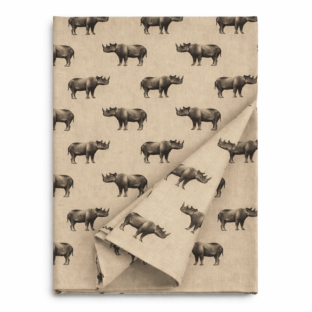 Neutral linen table runner with repeated illustrated rhino print, folded to show fabric texture