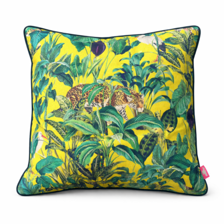 Vivid acid yellow scatter cushion with a jungle print featuring a hidden leopard among tropical foliage