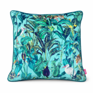 Turquoise scatter cushion with layered tropical jungle foliage print featuring hidden leopards and white birds
