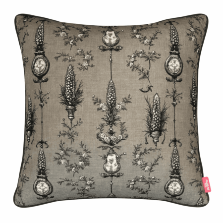 Taupe scatter cushion with vintage botanical toile pattern featuring thistles, roses, and ornate medallions