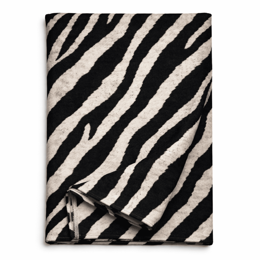 Zebra print table runner in black and neutral tones, folded to show fabric texture
