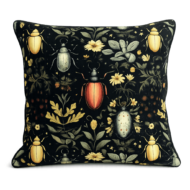 Black throw pillow with beetle and yellow floral print design.