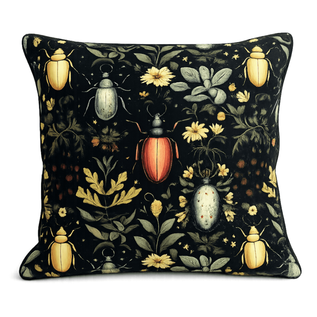 Black throw pillow with beetle and yellow floral print design.