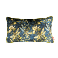 Navy lumbar cushion with gold dragonfly and floral print design.
