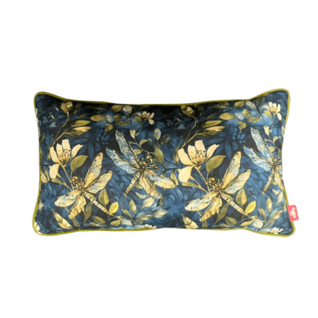 Navy lumbar cushion with gold dragonfly and floral print design.