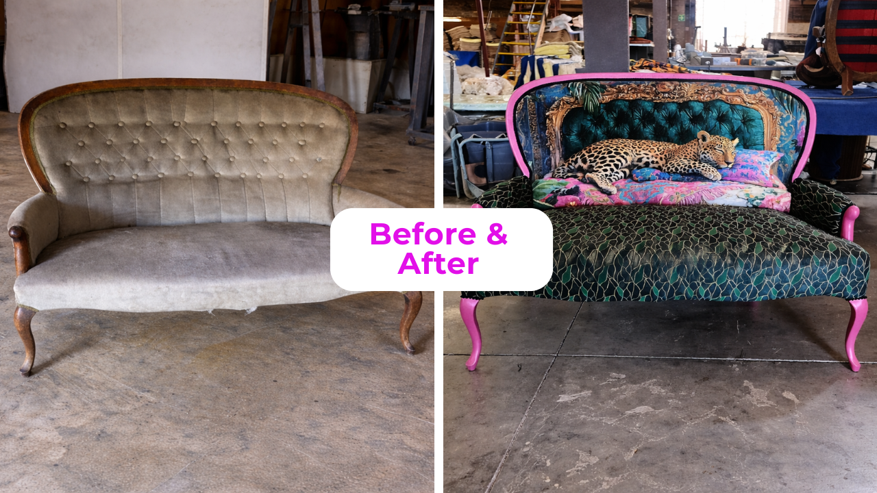 Before and after vintage settee transformation with teal tufted upholstery and pink legs.