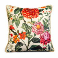 Cream throw pillow with red dahlia and pink zinnia floral print.