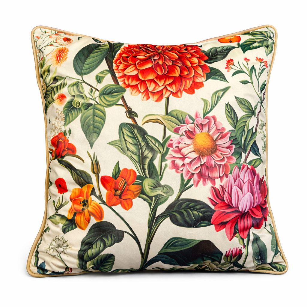 Cream throw pillow with red dahlia and pink zinnia floral print.