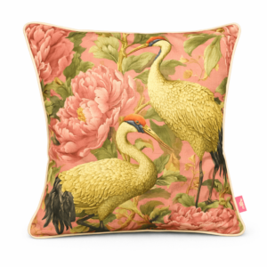 Pink throw pillow with golden crane bird and peony floral print design.