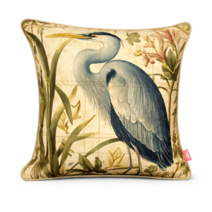 Cream throw pillow with heron bird and botanical grasses print design.