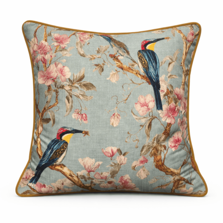 Duck egg blue throw pillow with kingfisher birds and cherry blossom print.