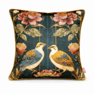 Dark teal throw pillow with mirrored bird and peony print design.
