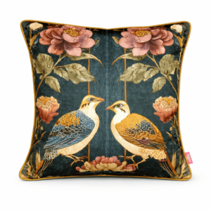 Dark teal throw pillow with mirrored bird and peony print design.