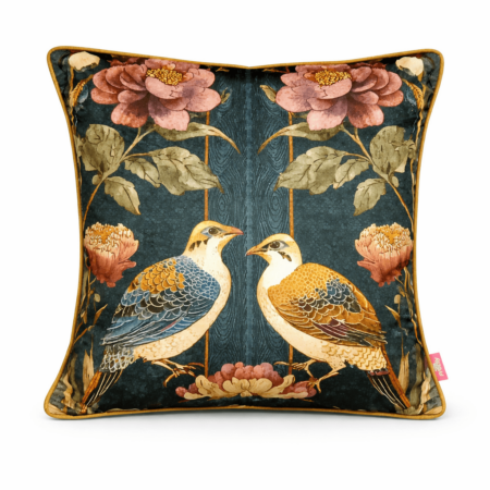 Dark teal throw pillow with mirrored bird and peony print design.