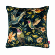 Navy blue decorative cushion with a honeysuckle bird pattern.