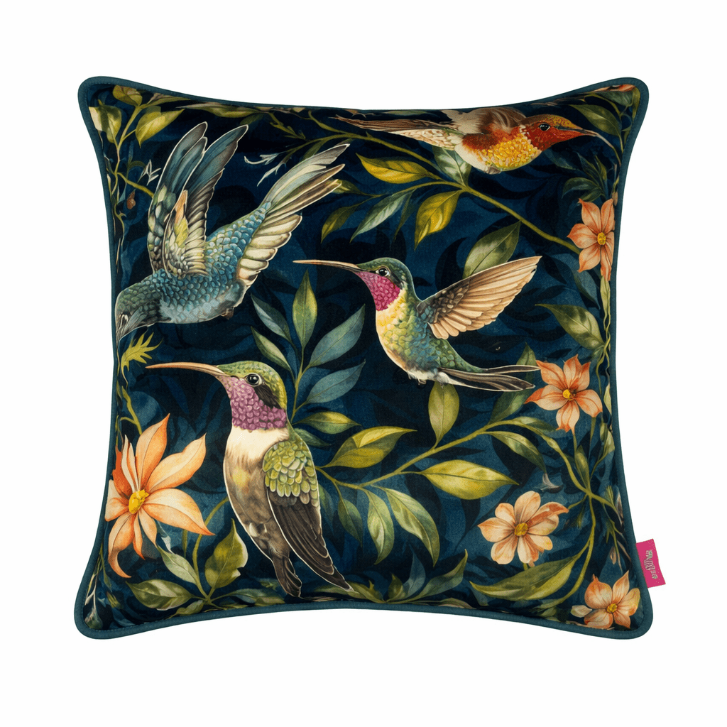 Navy blue decorative cushion with a honeysuckle bird pattern.
