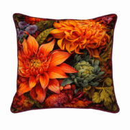 Orange dahlia and chrysanthemum floral throw pillow with dark background.