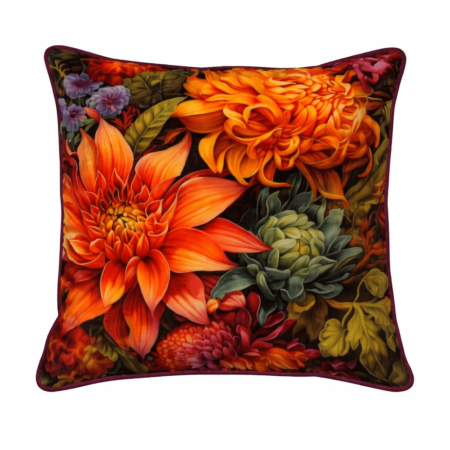 Orange dahlia and chrysanthemum floral throw pillow with dark background.