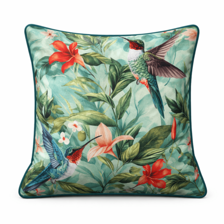 Teal throw pillow with hummingbird and orange lily print design.