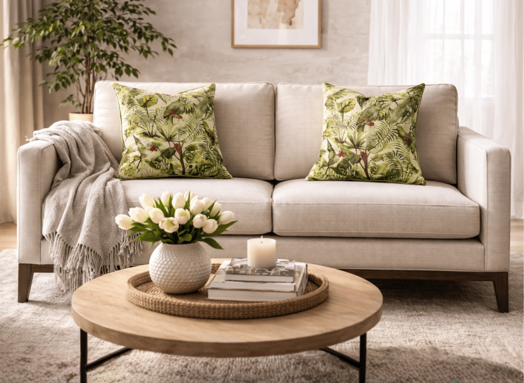 Beige linen sofa with green tropical leaf print throw pillows.